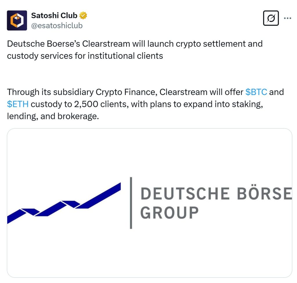 Deutsche Börse's Clearstream to Introduce Crypto Custody Firms for Entities in 20250