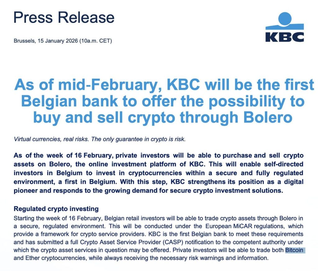 KBC Bank in Belgium Achieves Milestone With First Bitcoin and Ether Trading Under MiCA0