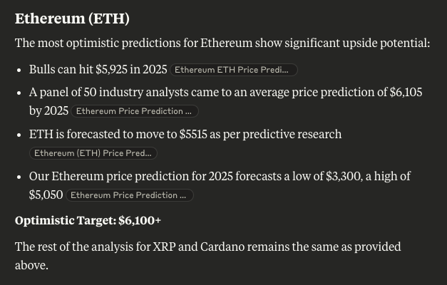 AI Model "Claude" Forecasts Ethereum, Cardano, and XRP Prices for End of 20250