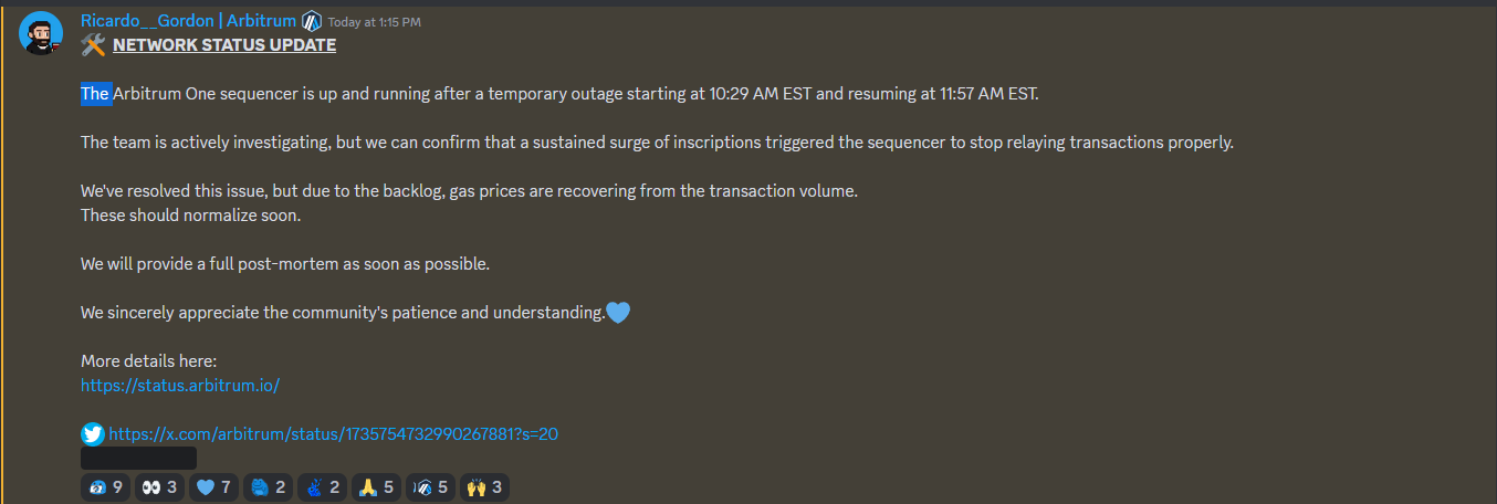 Arbitrum network experienced a 78-minute outage due to inscriptions.0