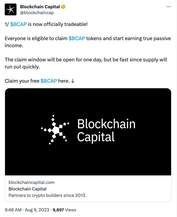 Blockchain Capital's X account compromised, promoting fraudulent token claim scheme.0