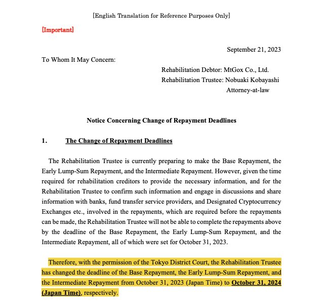 Breaking: Mt. Gox trustee extends repayment deadline to October 20240