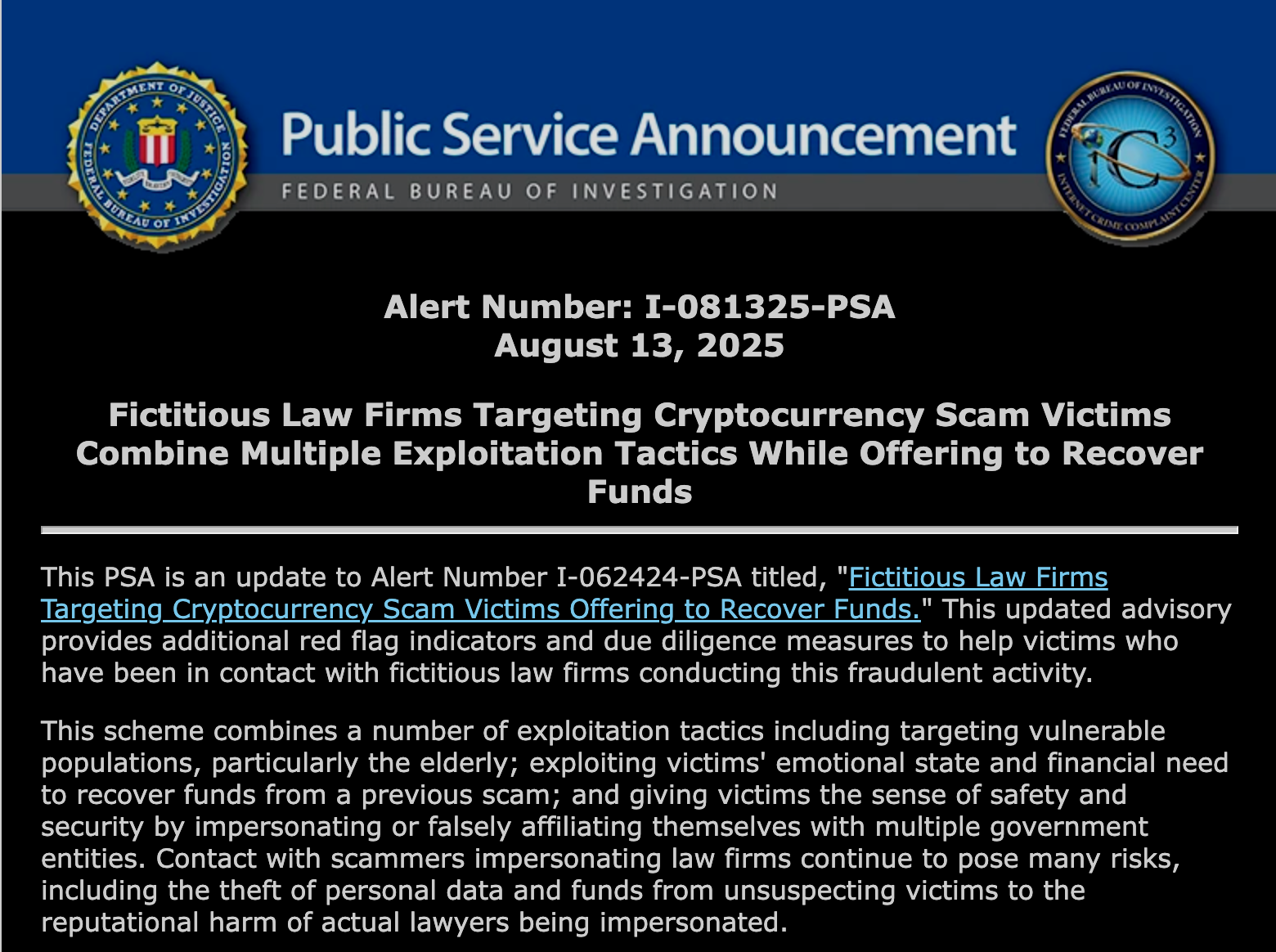 FBI Warning: Fraudsters Impersonate Attorneys to Exploit Previous Cryptocurrency Scam Victims with Deceptive Recovery Plans0