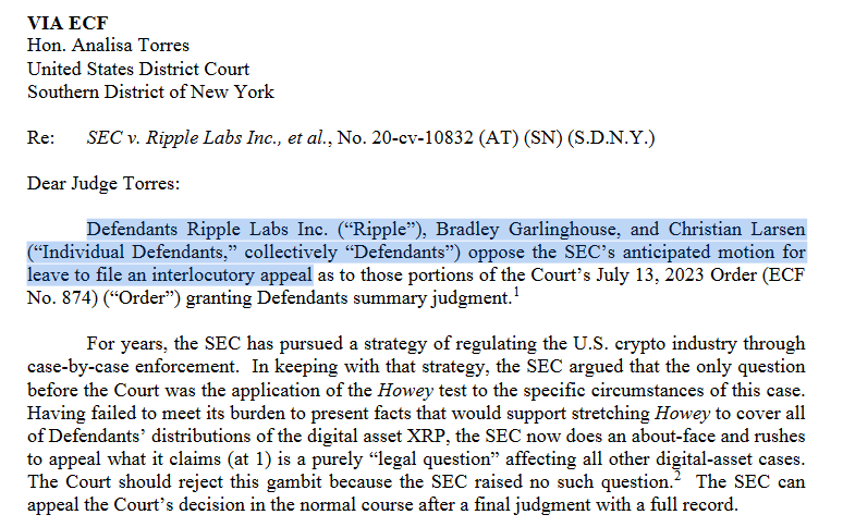 Ripple Labs responds to SEC's motion to submit an appeal.0
