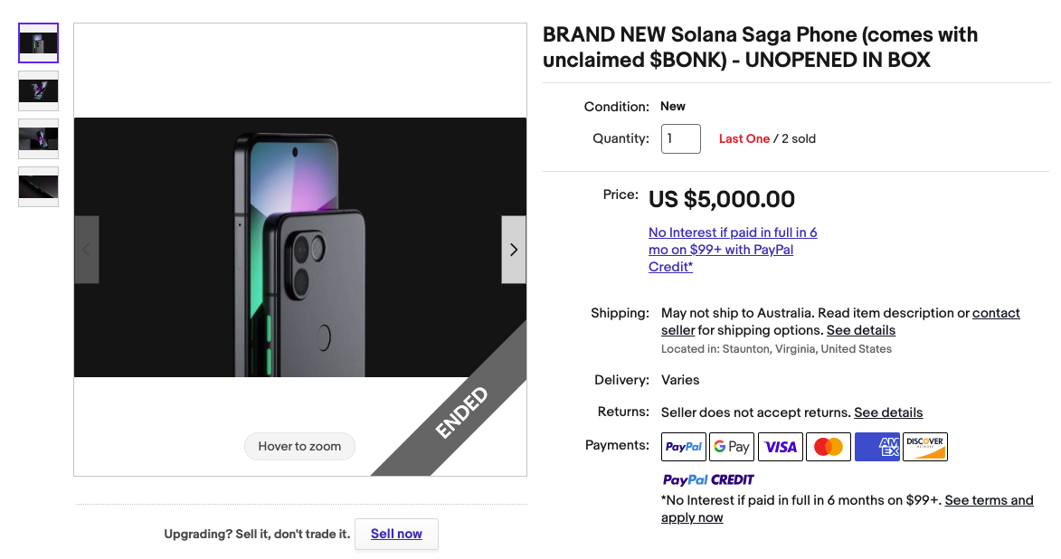 Solana Saga fetches prices as high as $5,000 on eBay amid Bonk surge leading to sell-out.0