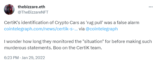 Users claimed CertiK's alert was unwarranted — subsequently, the project collapsed.2