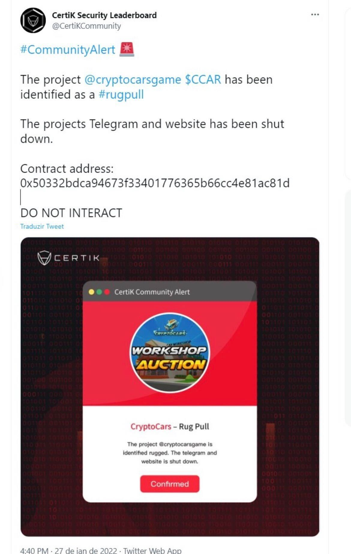 Users claimed CertiK's alert was unwarranted — subsequently, the project collapsed.0