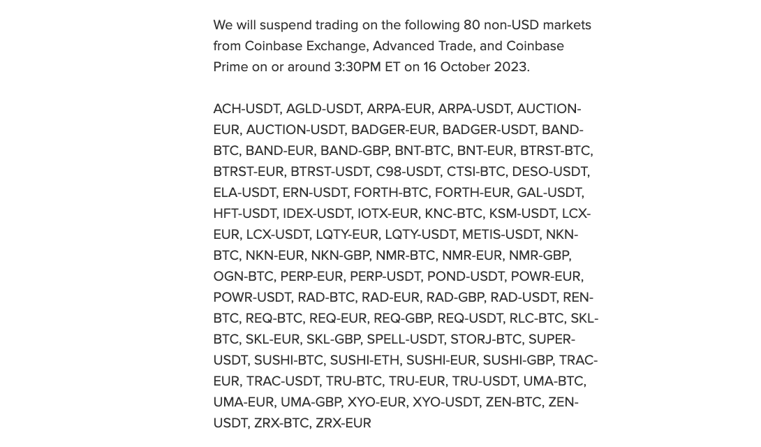 Coinbase halts 80 trading pairs not involving USD to enhance liquidity.0