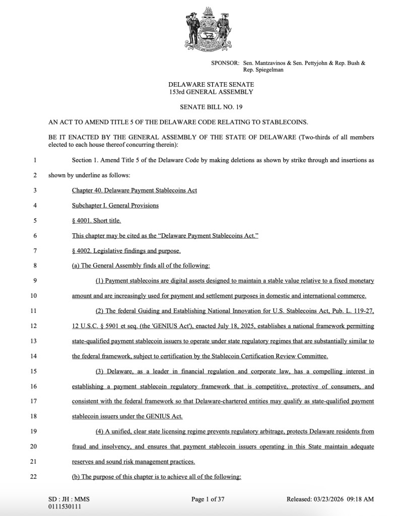 Delaware Takes Steps to Govern Stablecoins Within Banking Regulations1