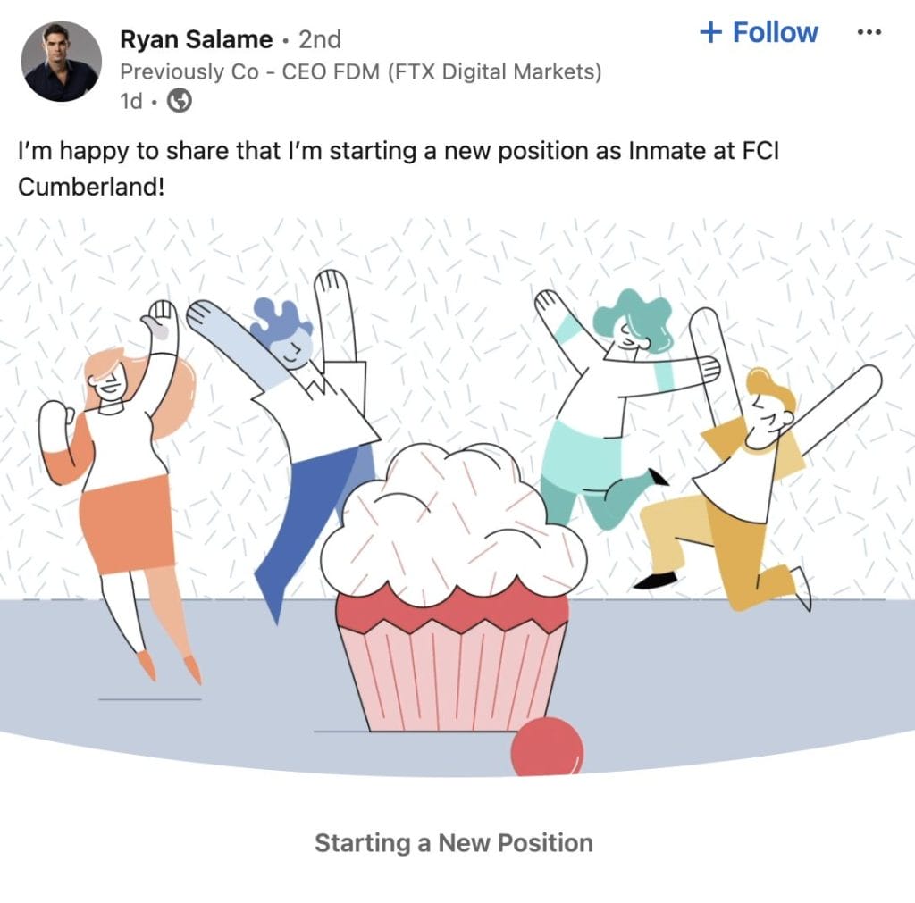 Ex-FTX Executive Ryan Salame Updates LinkedIn Profile to Include 'Inmate' Ahead of Imprisonment0