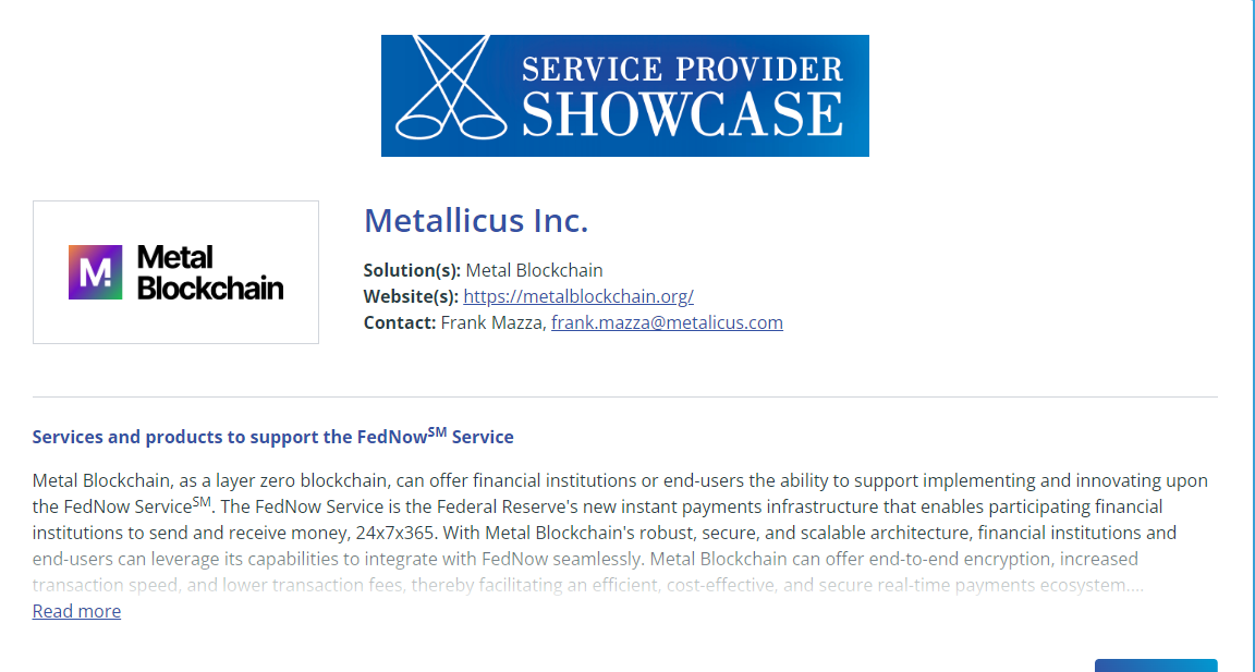 Federal Reserve's FedNow to connect with Metal Blockchain0