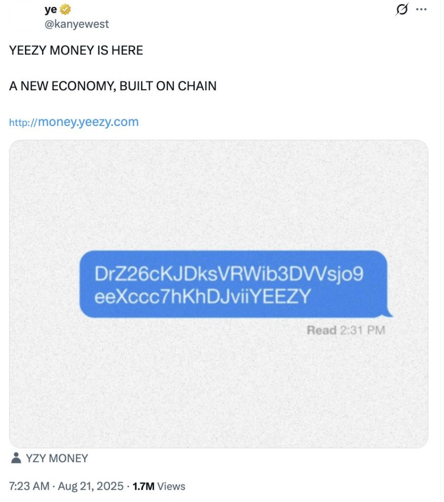 Kanye West Introduces Solana-Backed Meme Cryptocurrency 'YZY'0