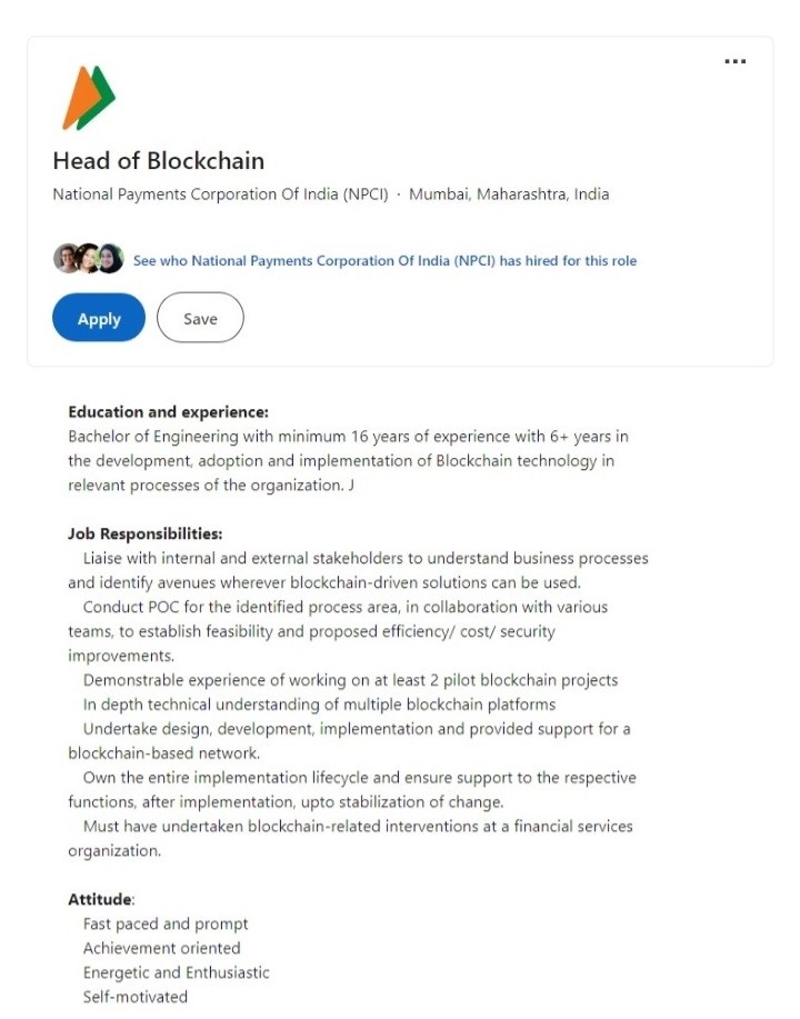 NPCI, supported by the Indian central bank, initiates hiring for blockchain positions.0