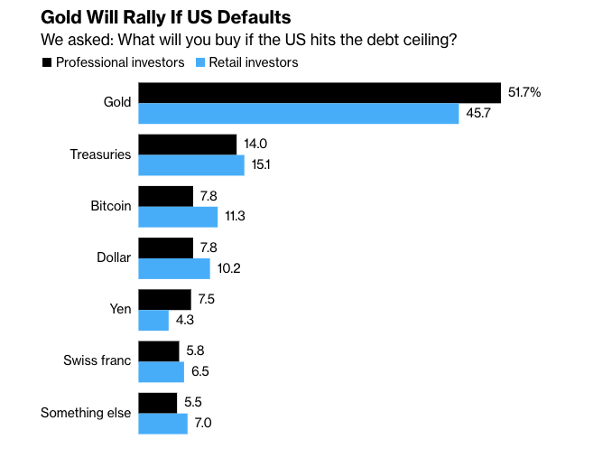 Bitcoin ranks among the top three assets in the case of a US debt default, according to a survey.0