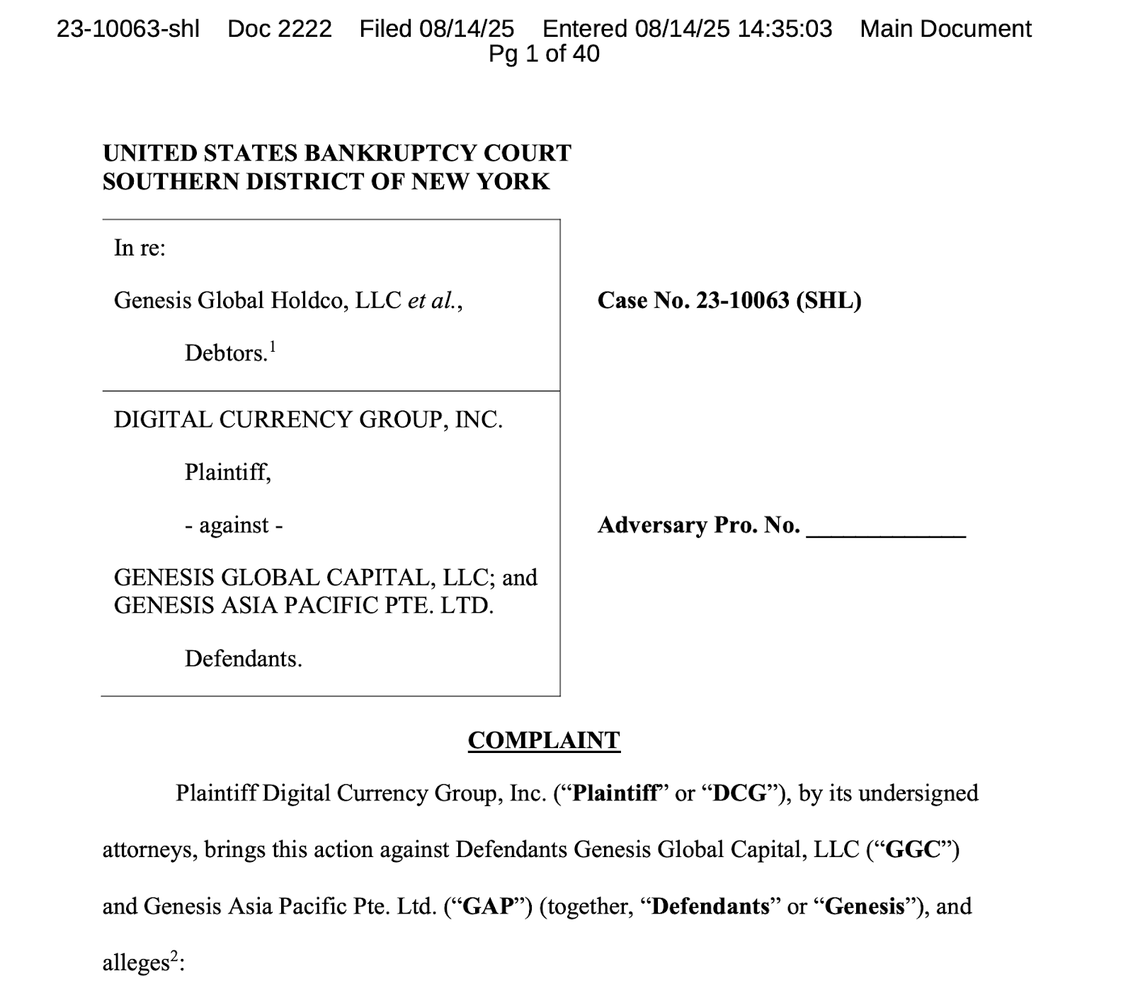 DCG Files Counterclaim Against Genesis for $1.1 Billion Following Subsidiary's $3.1 Billion Damage Allegations0