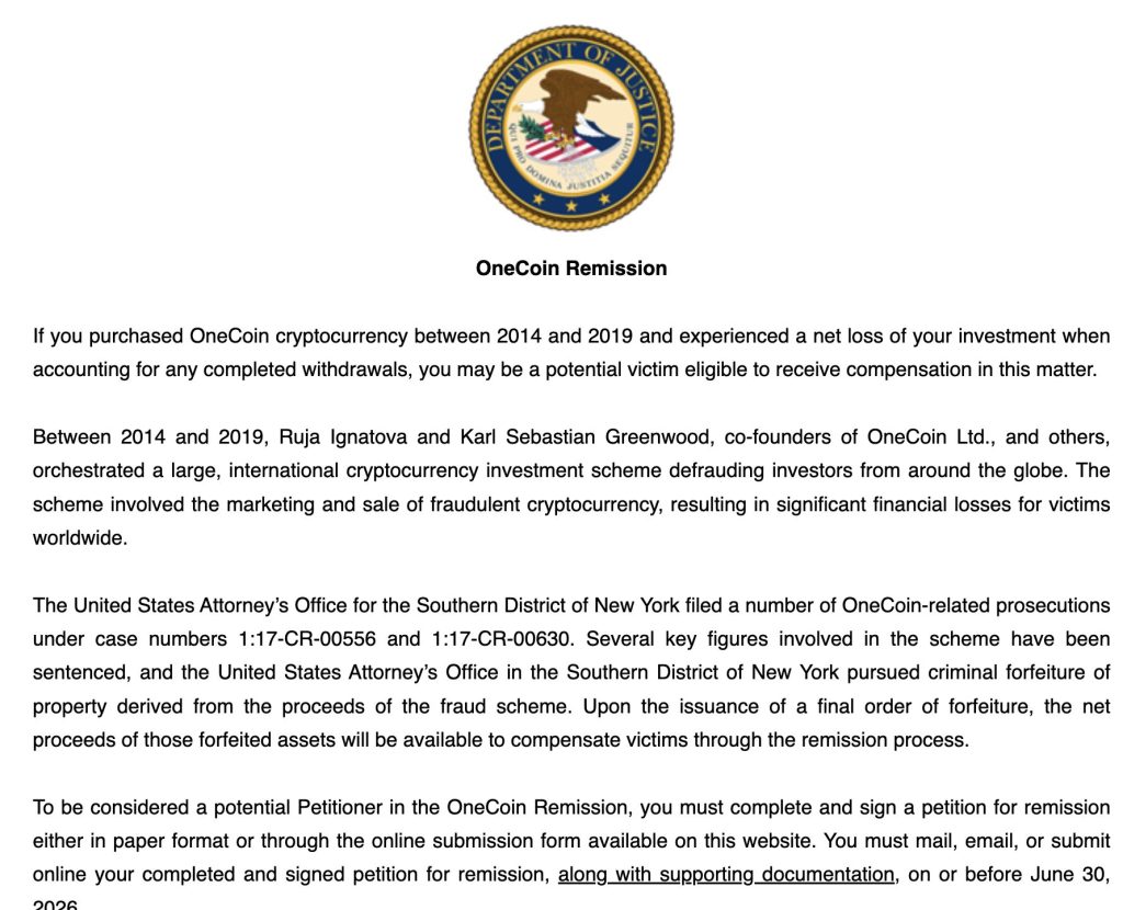DOJ Launches Claims Portal for Investors Defrauded by OneCoin, Valued at $4 Billion0