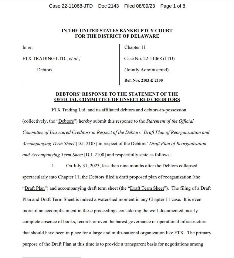 FTX creditors and UCC dispute over management of assets during reorganization0