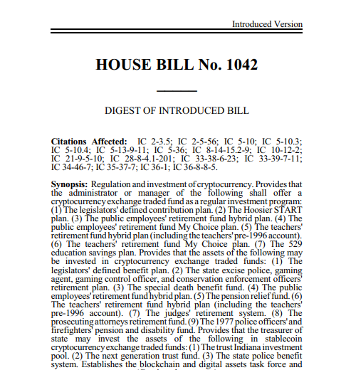 Indiana Legislation Proposes Requirement for Bitcoin in Retirement Funds and Protection of Self-Custody Rights0