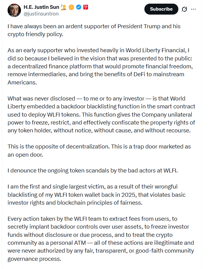 Justin Sun Files Lawsuit Against World Liberty Financial Regarding WLFI Cryptocurrency Token Suspension0