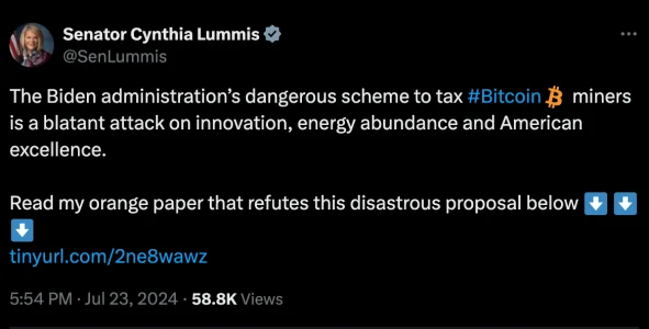 Senator Cynthia Lummis Describes Biden's Proposed 30% Tax on Bitcoin Mining as Illogical1