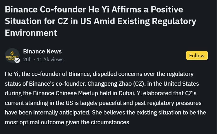 Binance Co-Founder States Former CEO CZ Is in a 'Favorable Position' Before Sentencing0