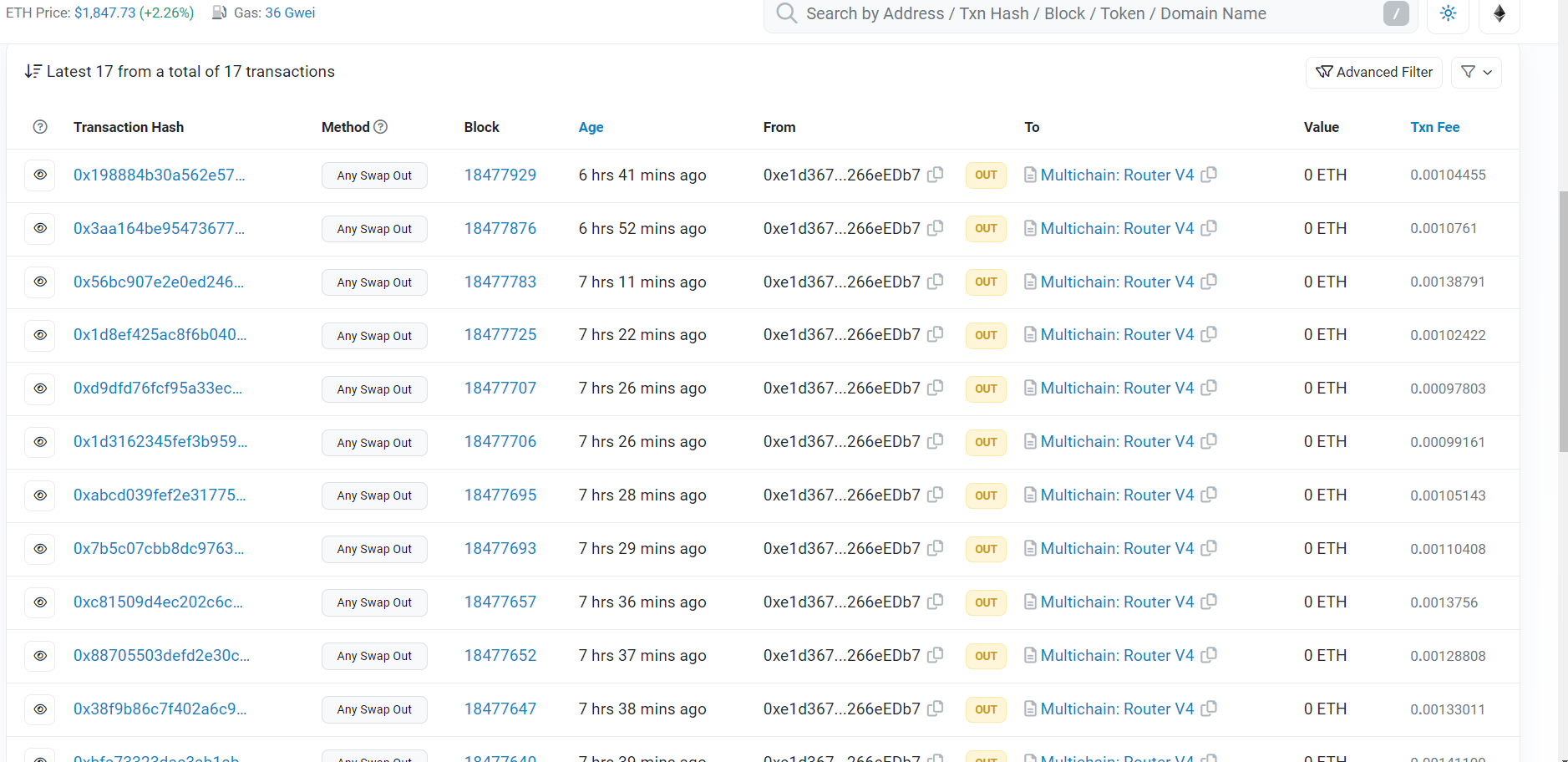 A single account on Ethereum making multiple deposits to Multichain on November 1. Source: Etherscan.
