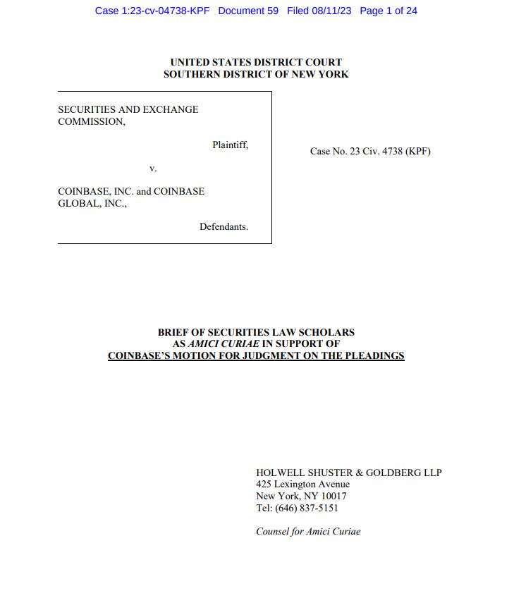 Coinbase gains legal support as scholars file amicus brief