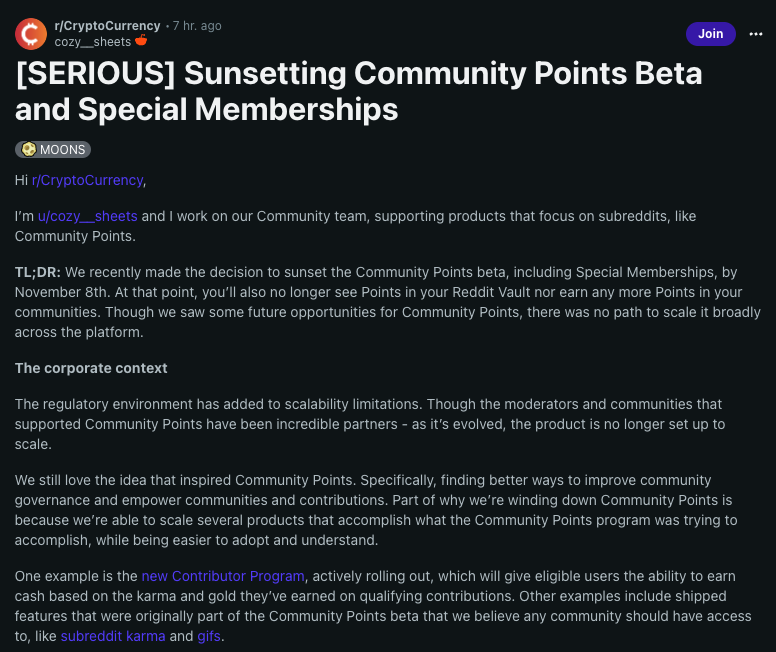 Reddit to wind down blockchain-based rewards service ‘Community Points'