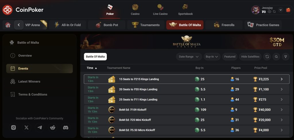 CoinPoker Rolls Out 30M USDT Crypto Giveaway: Battle of Malta Online Series0