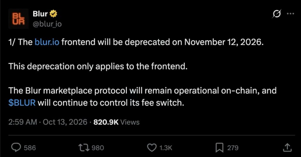 NFT Marketplace Blur to Shut Down Website, End New Blend Loans in November1