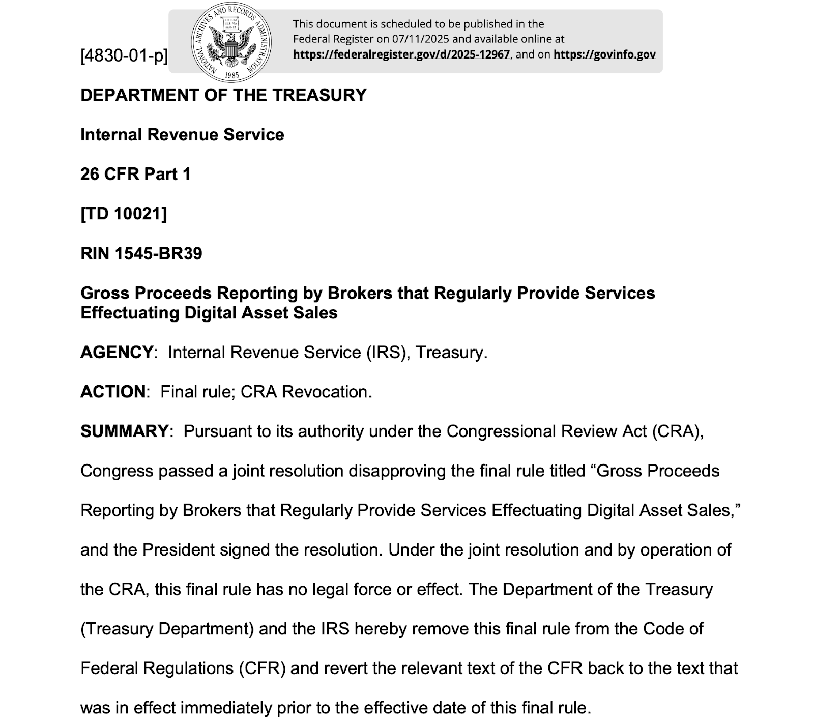 US Treasury Officially Scraps Crypto Broker Reporting Rules After Congressional Vote2